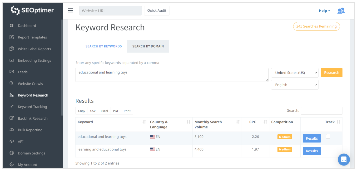 SEOptimer keyword research tool dashboard